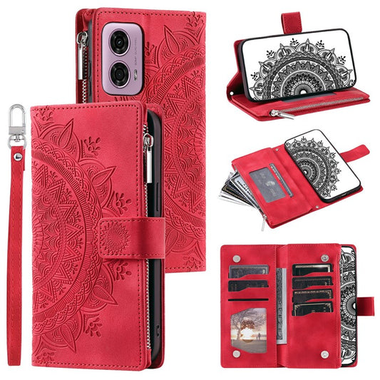 Style 006 For Motorola Moto G85 5G / S50 Neo 5G Case Zipper Pocket Leather Phone Bag Cover Mandala Flower - Red