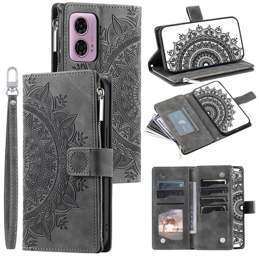Style 006 For Motorola Moto G85 5G / S50 Neo 5G Case Zipper Pocket Leather Phone Bag Cover Mandala Flower - Grey