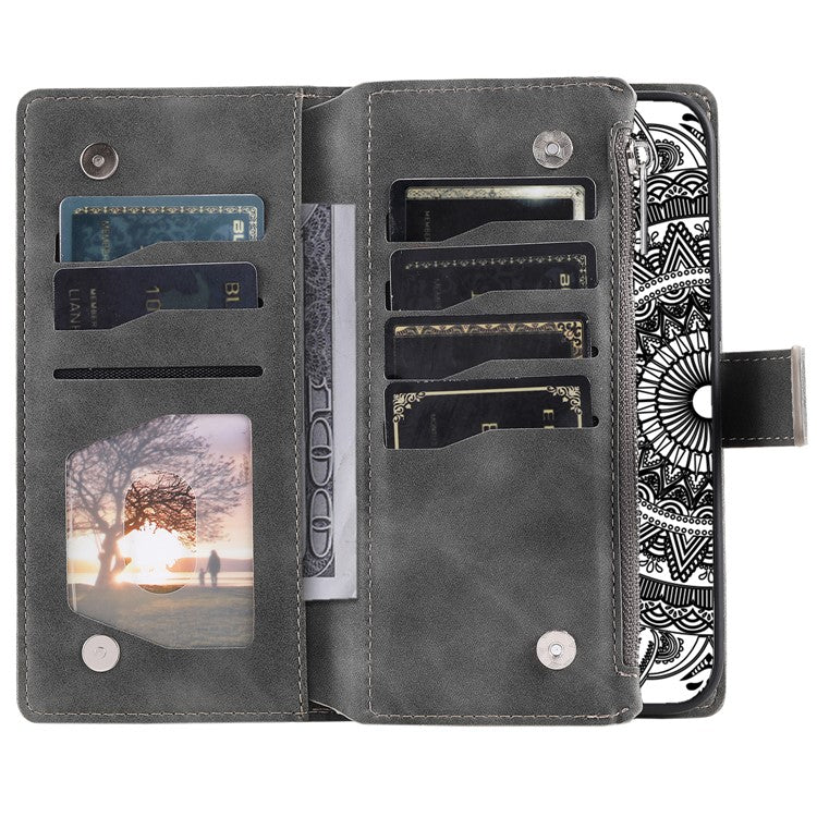 Style 006 For Motorola Moto G85 5G / S50 Neo 5G Case Zipper Pocket Leather Phone Bag Cover Mandala Flower - Grey
