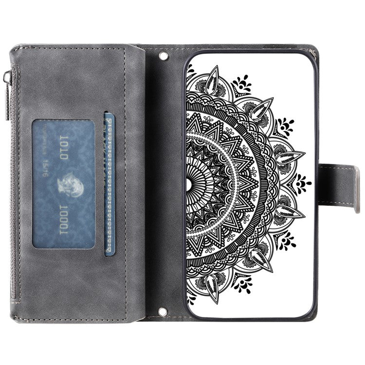 Style 006 For Motorola Moto G85 5G / S50 Neo 5G Case Zipper Pocket Leather Phone Bag Cover Mandala Flower - Grey