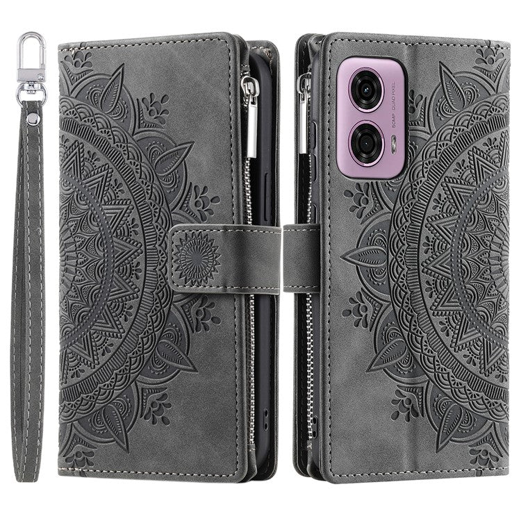 Style 006 For Motorola Moto G85 5G / S50 Neo 5G Case Zipper Pocket Leather Phone Bag Cover Mandala Flower - Grey
