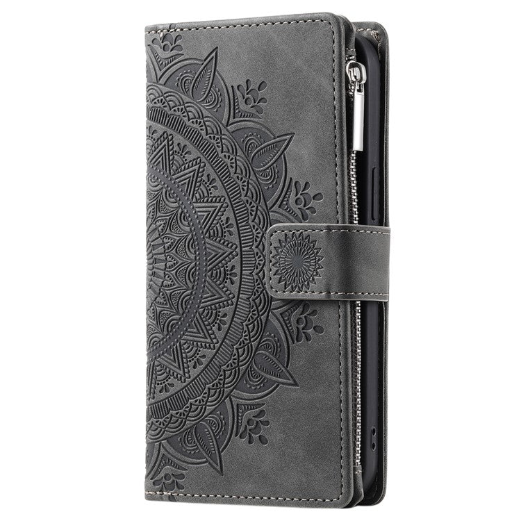Style 006 For Motorola Moto G85 5G / S50 Neo 5G Case Zipper Pocket Leather Phone Bag Cover Mandala Flower - Grey