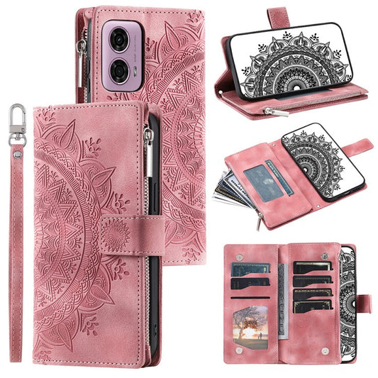 Style 006 For Motorola Moto G85 5G / S50 Neo 5G Case Zipper Pocket Leather Phone Bag Cover Mandala Flower - Rose Gold
