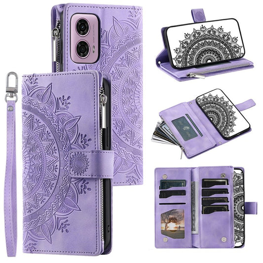 Style 006 For Motorola Moto G85 5G / S50 Neo 5G Case Zipper Pocket Leather Phone Bag Cover Mandala Flower - Purple