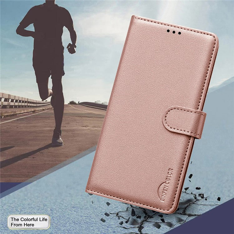 BINFEN COLOR BF32 For iPhone 14 Plus / 15 Plus Case RFID Blocking Card Holder Wallet Leather Phone Cover - Rose Gold