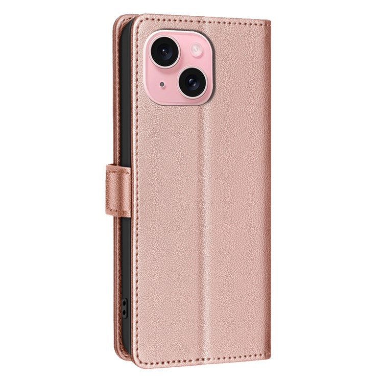 BINFEN COLOR BF32 For iPhone 14 Plus / 15 Plus Case RFID Blocking Card Holder Wallet Leather Phone Cover - Rose Gold