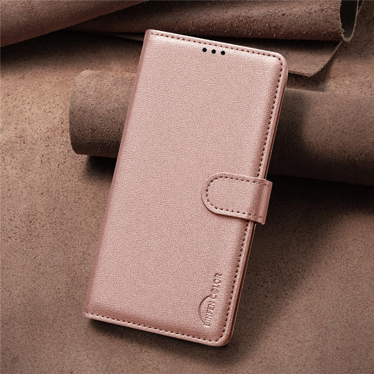 BINFEN COLOR BF32 For iPhone 14 Plus / 15 Plus Case RFID Blocking Card Holder Wallet Leather Phone Cover - Rose Gold
