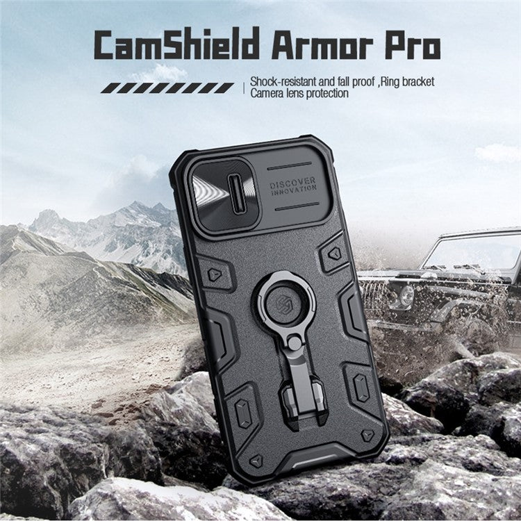 NILLKIN CamShield Armor Pro PC + TPU Case for iPhone 14 / iPhone 13, Slide Lens Protection Tire Texture Kickstand Phone Cover - Blue