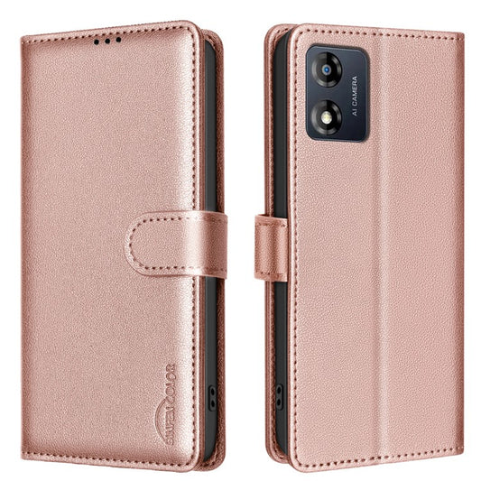 BINFEN COLOR BF32 For Motorola Moto E13 4G Case RFID Blocking Drop Resistant Leather Phone Cover - Rose Gold