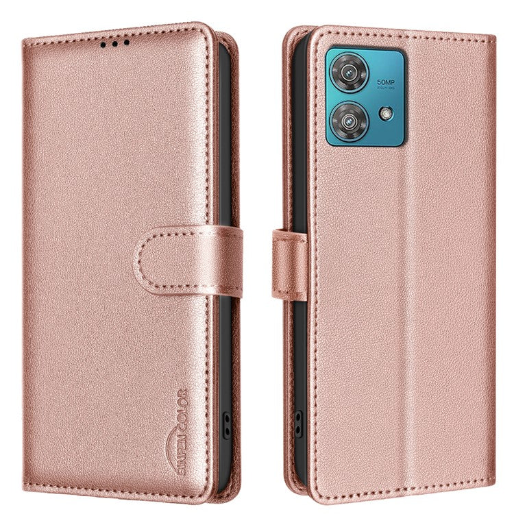 BINFEN COLOR BF32 For Motorola Edge 40 Neo 5G Phone Case Litchi Texture RFID Blocking Leather Phone Cover - Rose Gold