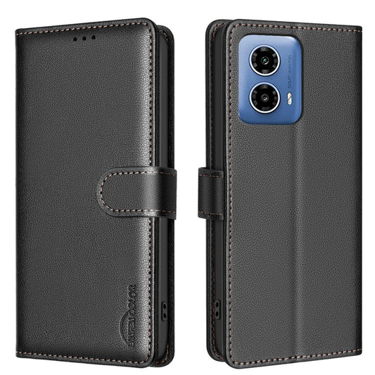 BINFEN COLOR BF32 For Motorola Moto G45 5G / G34 5G Phone Case Litchi Texture RFID Blocking Leather Phone Cover - Black