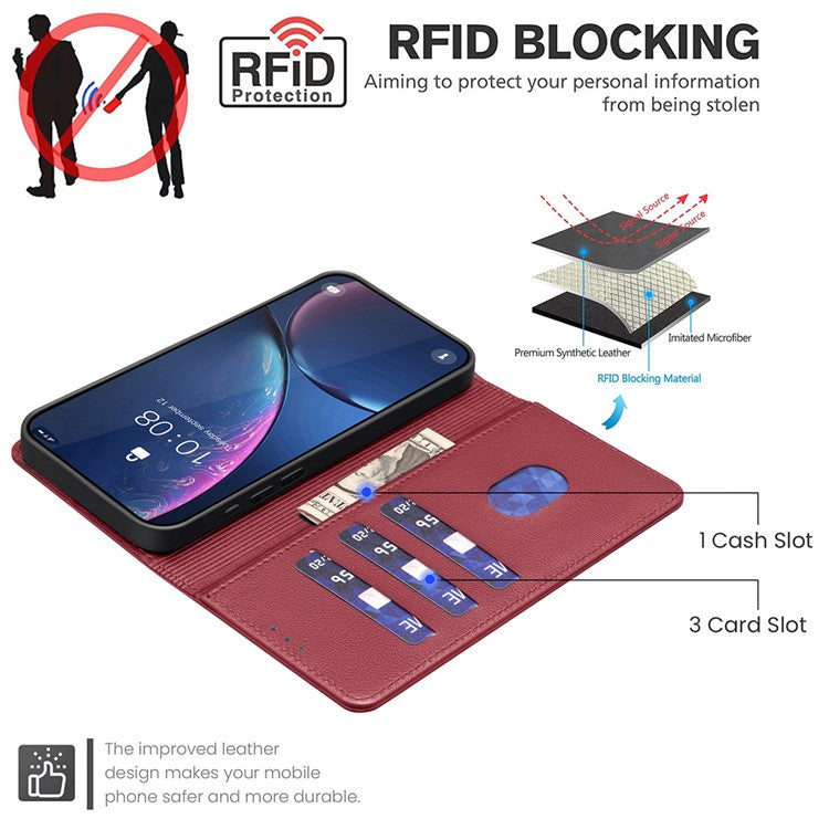BINFEN COLOR BF32 For Motorola Moto G45 5G / G34 5G Phone Case Litchi Texture RFID Blocking Leather Phone Cover - Red