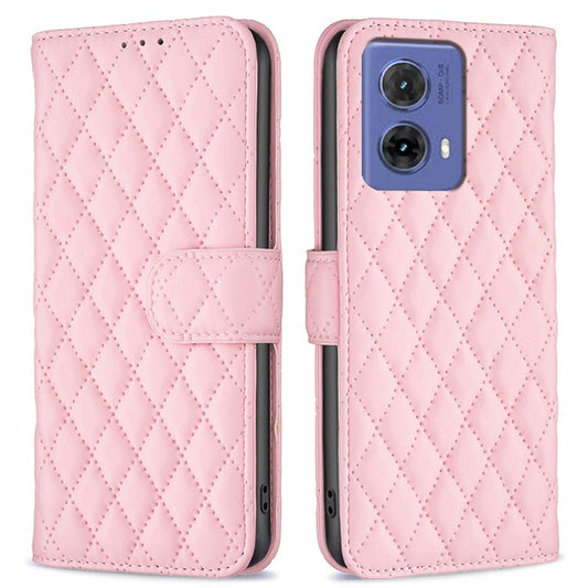 BINFEN COLOR BF Style-14 For Motorola Moto G85 5G / S50 Neo 5G Leather Phone Case Rhombus Grid - Pink