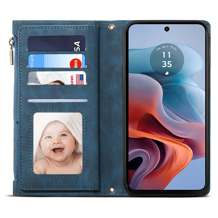 ESEBLE Star Series For Motorola Moto G24 Power Case RFID Blocking Leather Phone Cover Zipper Pocket - Blue