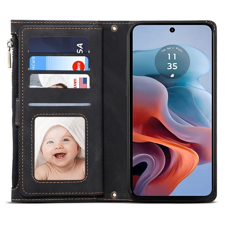 ESEBLE Star Series For Motorola Moto G24 Power Case RFID Blocking Leather Phone Cover Zipper Pocket - Black