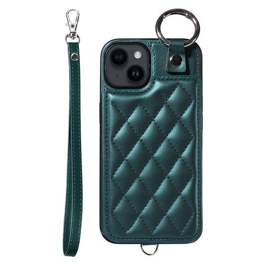 Card Bag 009 for iPhone 14 Case Leather+TPU Rhombus Phone Cover with Ring Holder - Green