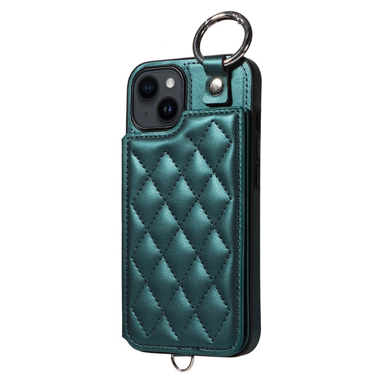 Card Bag 009 for iPhone 14 Case Leather+TPU Rhombus Phone Cover with Ring Holder - Green