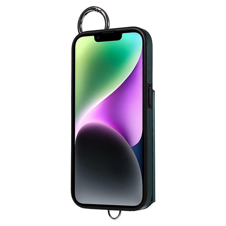 Card Bag 009 for iPhone 14 Case Leather+TPU Rhombus Phone Cover with Ring Holder - Green