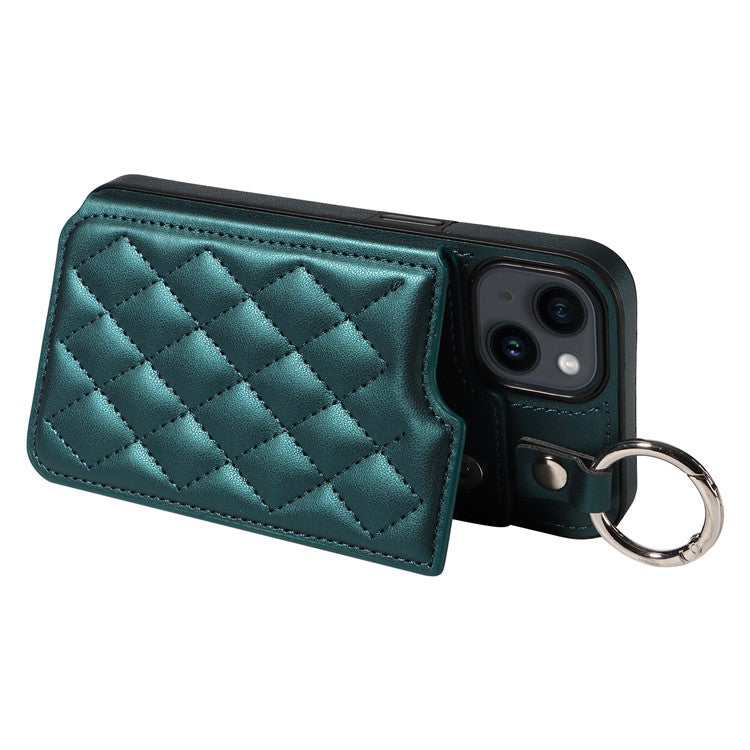 Card Bag 009 for iPhone 14 Case Leather+TPU Rhombus Phone Cover with Ring Holder - Green