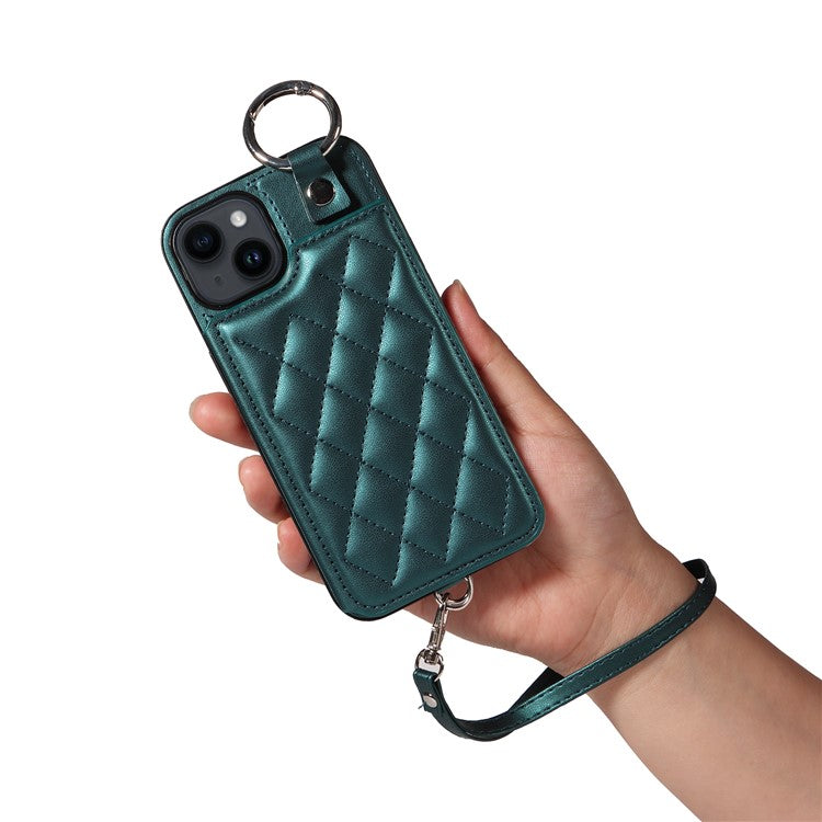 Card Bag 009 for iPhone 14 Case Leather+TPU Rhombus Phone Cover with Ring Holder - Green