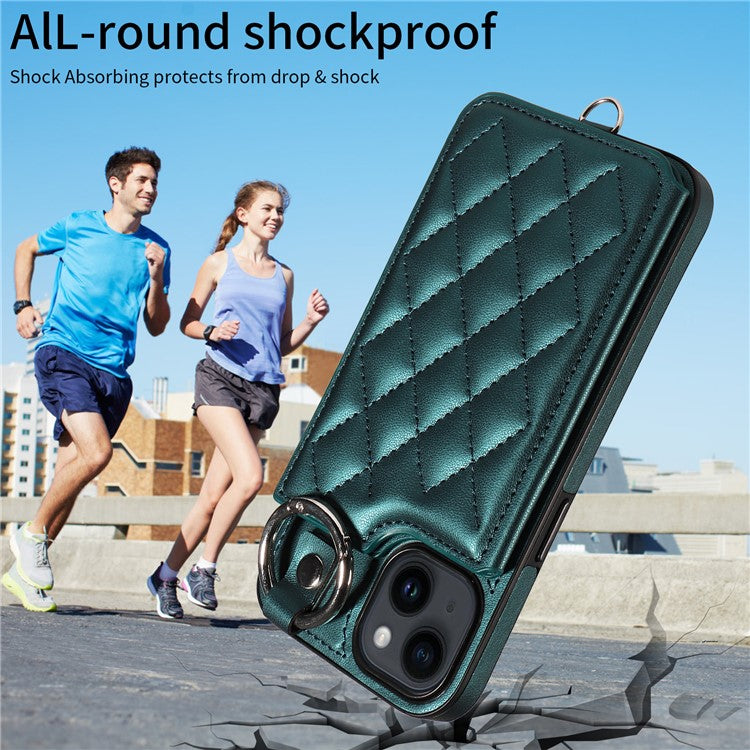 Card Bag 009 for iPhone 14 Case Leather+TPU Rhombus Phone Cover with Ring Holder - Green