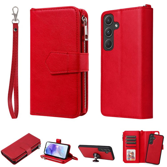 KT Multi-functional Series-4 for Samsung Galaxy A55 5G Case Detachable PU Leather Zipper Flip Wallet Phone Cover - Red