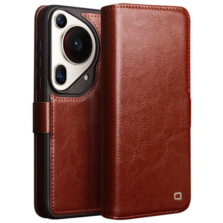 QIALINO For Huawei Pura 70 Ultra Wallet Case Genuine Cow Leather Flip Phone Cover - Dark Brown