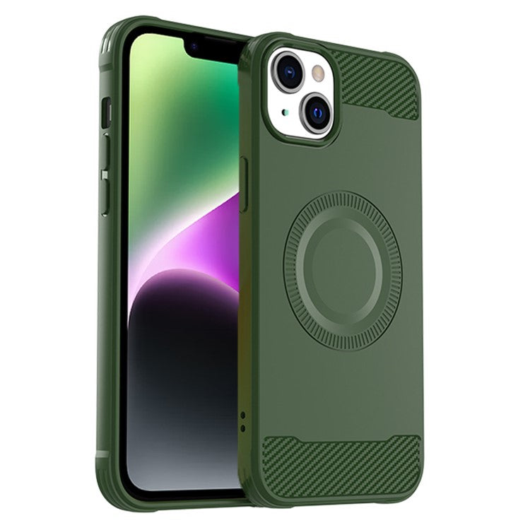 For iPhone 14 Case Compatible with MagSafe TPU Phone Cover Carbon Fiber Texture - Green