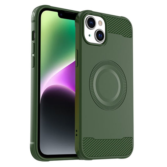 For iPhone 14 Case Compatible with MagSafe TPU Phone Cover Carbon Fiber Texture - Green