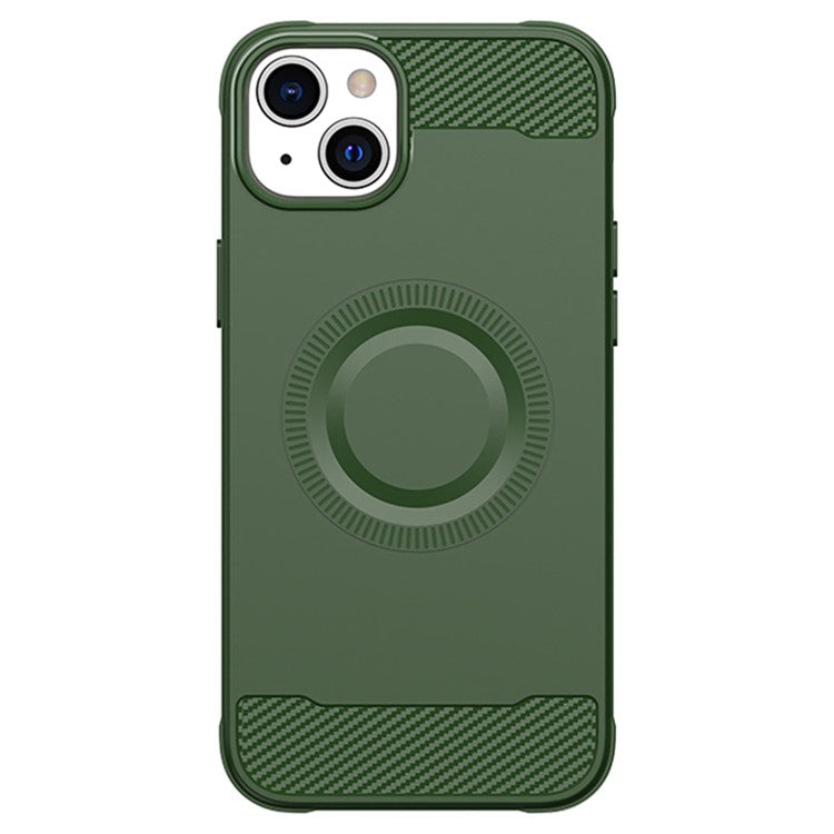 For iPhone 14 Case Compatible with MagSafe TPU Phone Cover Carbon Fiber Texture - Green