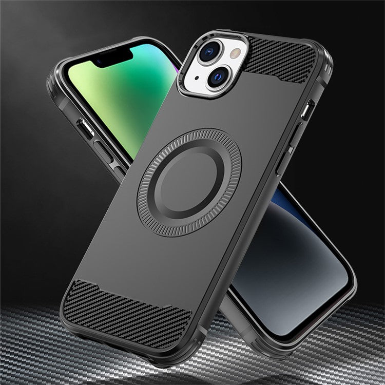 For iPhone 14 Case Compatible with MagSafe TPU Phone Cover Carbon Fiber Texture - Green