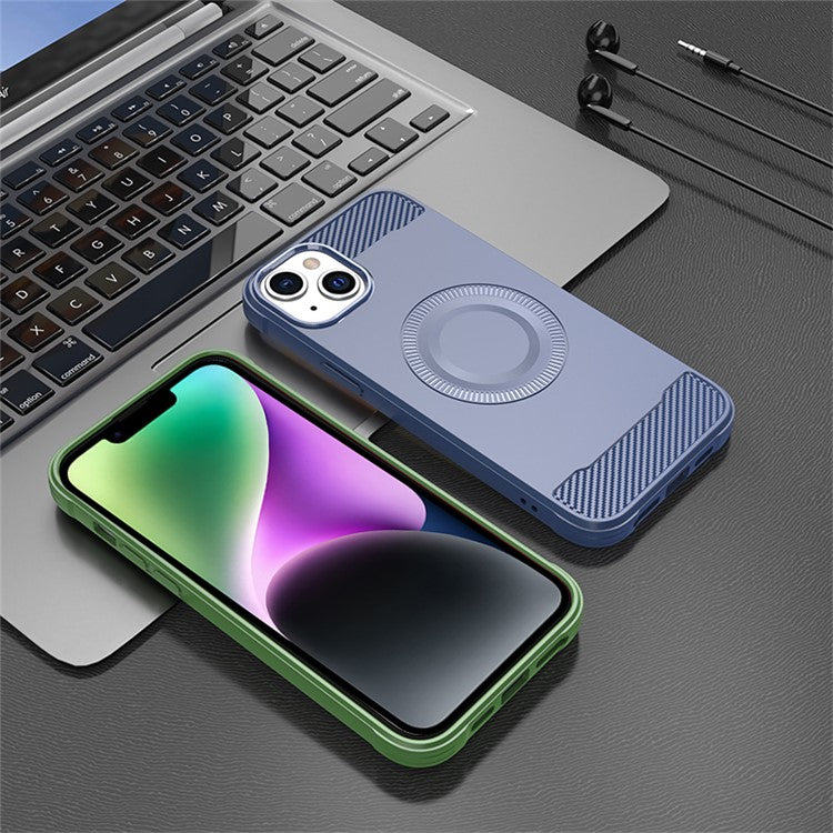 For iPhone 14 Case Compatible with MagSafe TPU Phone Cover Carbon Fiber Texture - Green