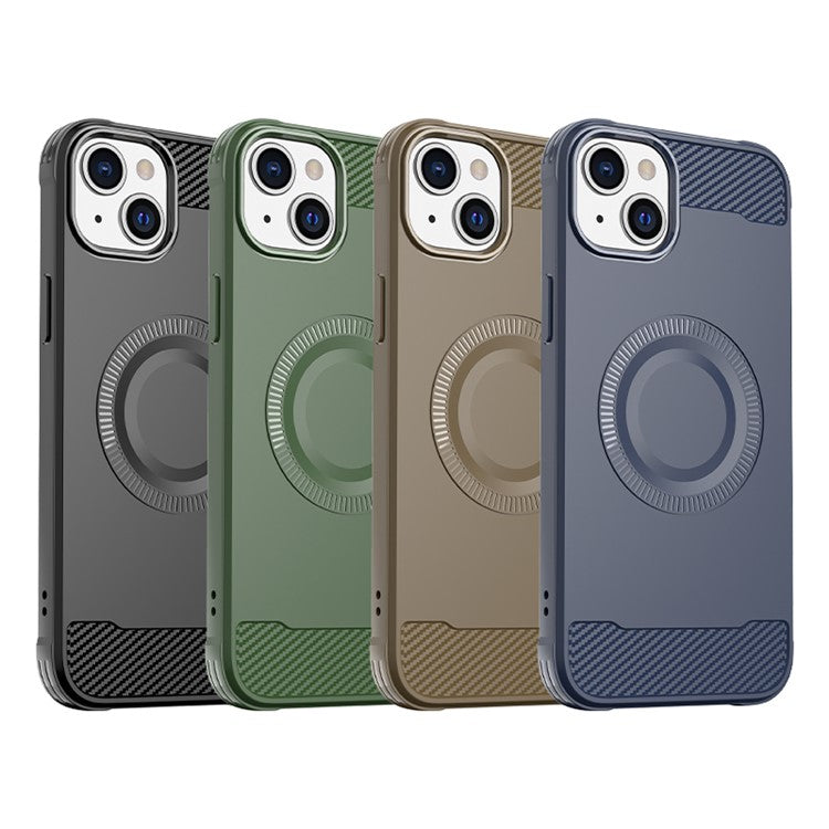 For iPhone 14 Case Compatible with MagSafe TPU Phone Cover Carbon Fiber Texture - Green