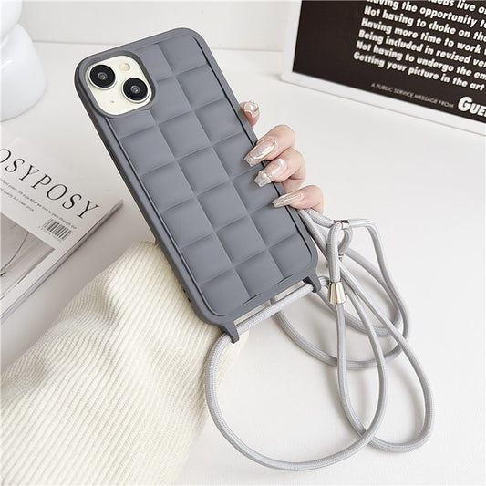 For iPhone 14 Plus Case Aesthetic 3D Grid TPU Phone Cover with Adjustable Lanyard - Grey