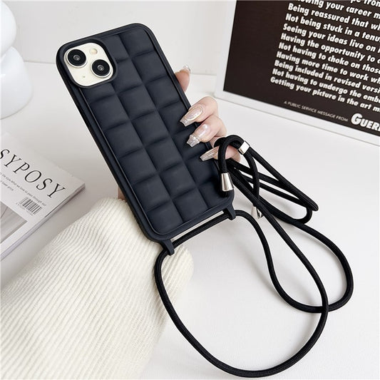 For iPhone 14 Plus Case Aesthetic 3D Grid TPU Phone Cover with Adjustable Lanyard - Black