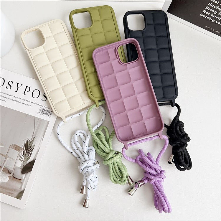 For iPhone 14 Plus Case Aesthetic 3D Grid TPU Phone Cover with Adjustable Lanyard - Black