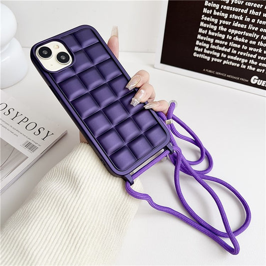 For iPhone 14 Plus Case Aesthetic 3D Grid TPU Phone Cover with Adjustable Lanyard - Dark Purple