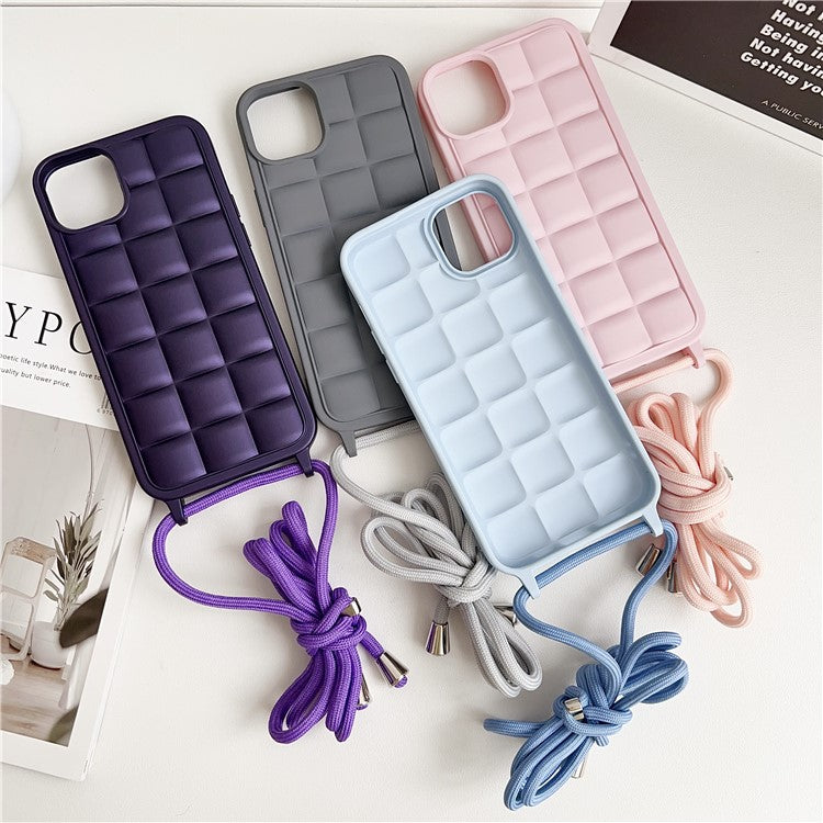 For iPhone 14 Plus Case Aesthetic 3D Grid TPU Phone Cover with Adjustable Lanyard - Dark Purple