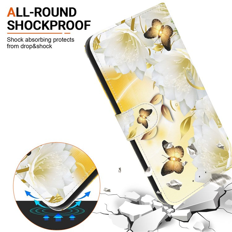 For Xiaomi Redmi 13 5G / 13 4G / Poco M6 4G Case Pattern Print PU Leather Wallet Phone Cover - Gold Butterfly Flower