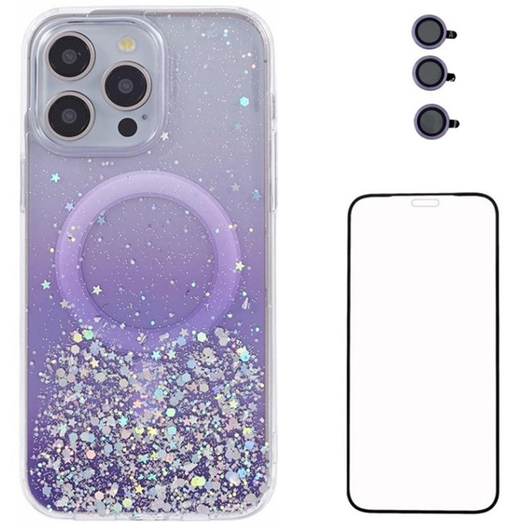 WANLONFENG JWT Series For iPhone 14 Pro Glitter Sequin TPU+Acrylic Magnetic Phone Case with Screen Film + Lens Film - Purple