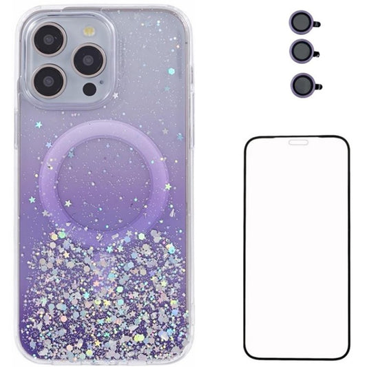 WANLONFENG JWT Series For iPhone 14 Pro Glitter Sequin TPU+Acrylic Magnetic Phone Case with Screen Film + Lens Film - Purple