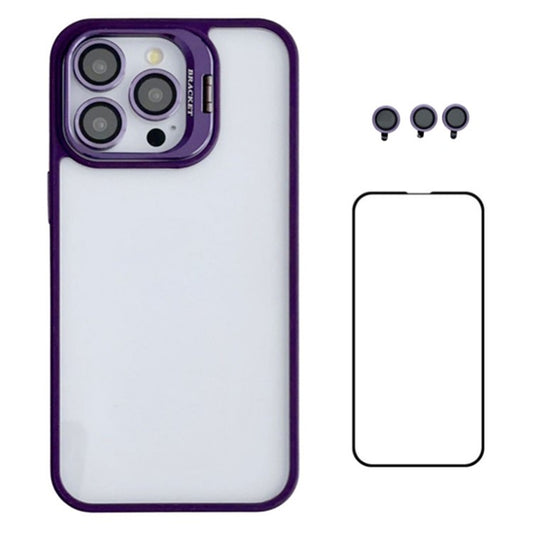 WANLONFENG NKS Series For iPhone 14 Pro Max Acrylic Phone Case Kickstand Cover with Screen Film and Lens Film - Dark Purple