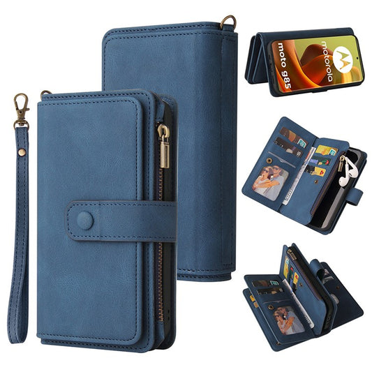 For Motorola Moto G85 5G / S50 Neo 5G Zipper Wallet Case with 15 Card Slots and Strap Leather Phone Cover - Blue