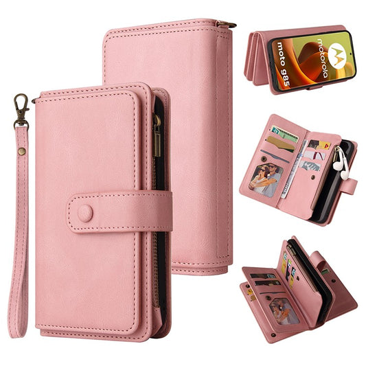 For Motorola Moto G85 5G / S50 Neo 5G Zipper Wallet Case with 15 Card Slots and Strap Leather Phone Cover - Pink