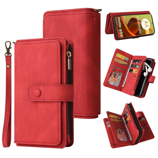 For Motorola Moto G85 5G / S50 Neo 5G Zipper Wallet Case with 15 Card Slots and Strap Leather Phone Cover - Red