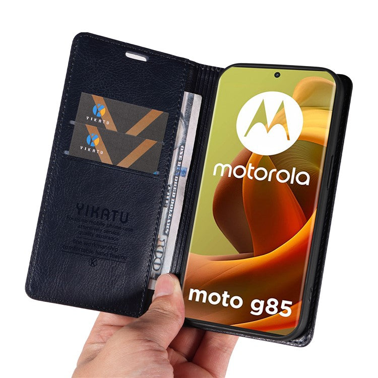 YIKATU YK-006 For Motorola Moto G85 5G / S50 Neo 5G Wallet Case Litchi Texture Leather Phone Cover - Navy Blue