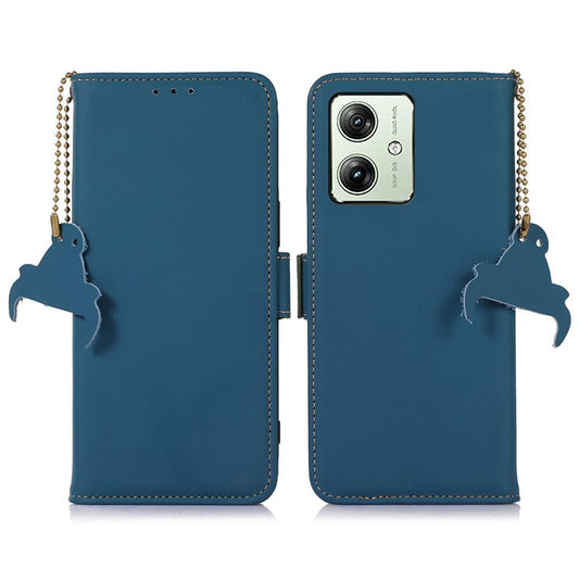 For Motorola Moto G64 5G Case Anti-Scratch Genuine Cow Leather Phone Cover RFID Blocking Wallet - Blue