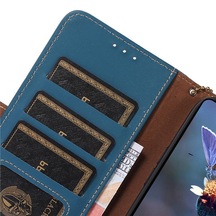 For Motorola Moto G64 5G Case Anti-Scratch Genuine Cow Leather Phone Cover RFID Blocking Wallet - Blue
