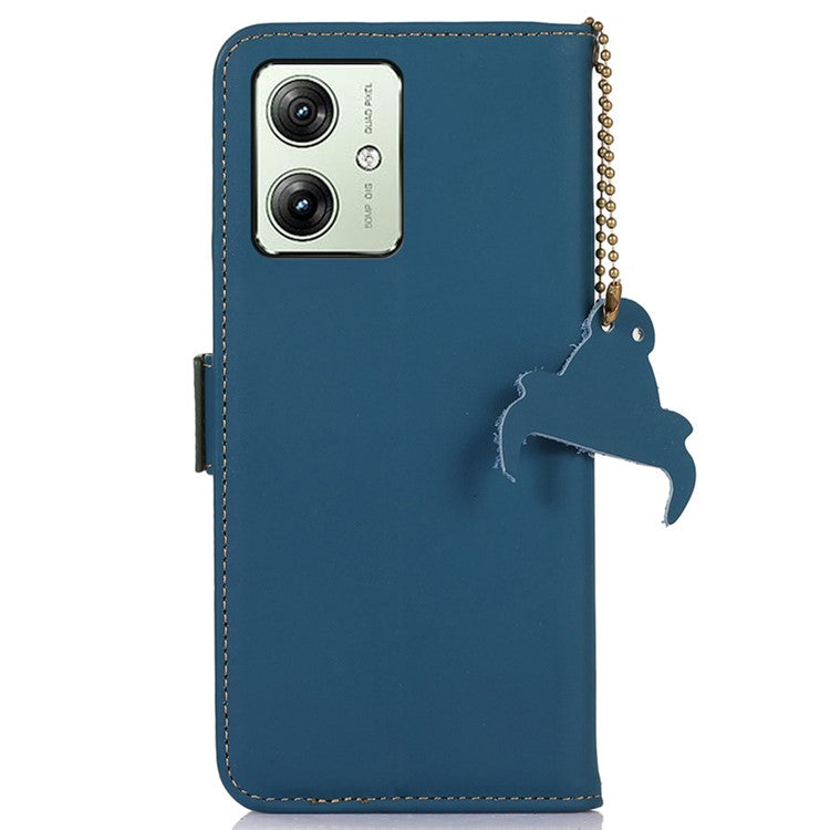 For Motorola Moto G64 5G Case Anti-Scratch Genuine Cow Leather Phone Cover RFID Blocking Wallet - Blue