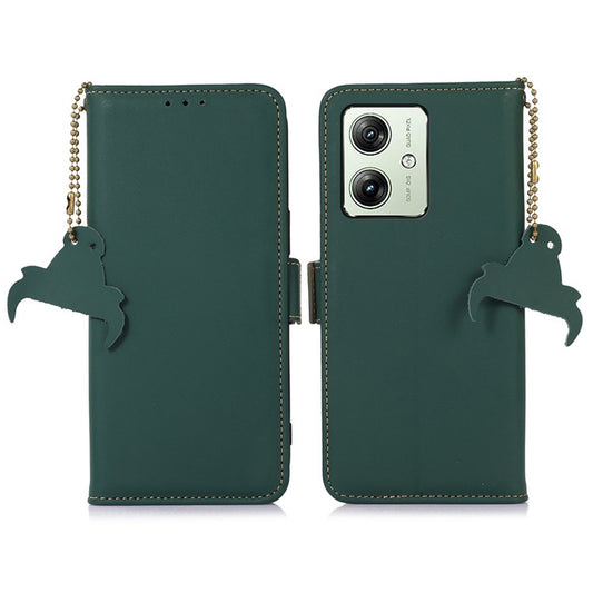 For Motorola Moto G64 5G Case Anti-Scratch Genuine Cow Leather Phone Cover RFID Blocking Wallet - Green